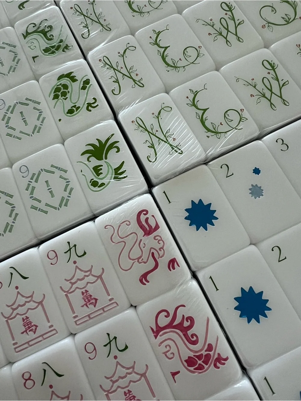 Bright White and Blue Floral Mahjong Tile Set - White with Pink, Blue & Green